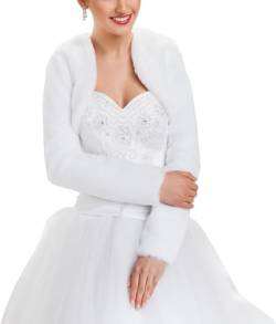 Ossadress Hochzeit Jacke Brautjäckchen Leichte Hochzeitsjacke für die Braut Bolero aus künstlichem Pelz mit voll länger Ärmel volles Futter Weiß 2XL von Ossadress