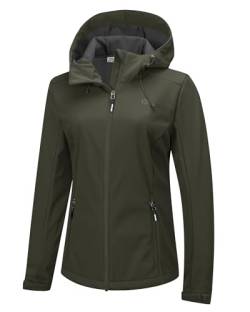 33,000ft Damen Softshelljacke Wasserdichte Winddichte Funktionsjacke Atmungsaktive Laufjacke Leichte Fahhradjacke mit Kapuze Übergangsjacke Windbreaker zum Radfahren, Wandern Grün Tan 36 von Outdoor Ventures