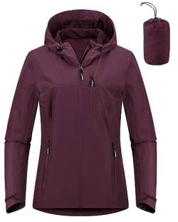 Outdoor Ventures Damen Wasserdichte Jacken Damen Leichte Winddicht Packbare Regenjacke Regenmantel Outdoor Winddicht Laufen Golf Radfahren Softshell Jacke mit Kapuze, burgunderrot, 38 von Outdoor Ventures