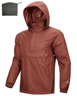 Outdoor Ventures Herren Regenjacke Wasserdichter Pullover mit Kapuze Packbare Reflektierende Jacke Leichte Fahrrad Windjacke Atmungsaktive Softshelljacke für Wandern Laufen Outdoor Braunrot 2XL von Outdoor Ventures