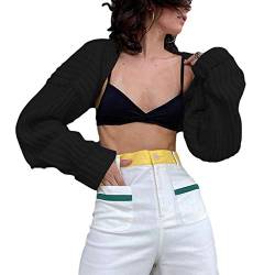 Bolero Shrug Y2K Open Front Crop Cardigan Rippstrick Langarm Bolero Sweater Knit Crop Cardigan Sweater Shrug, Schwarz , One size von Owegvia