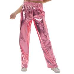 Damen Holographische Hip Hop Club Hose Hohe Taille Lose Hose Weites Bein Metallisch Glänzend Disco Hose Mit Taschen (Pink, L) von Owegvia