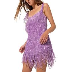 Owegvia Damenkleid mit Pailletten, Spaghettiträger, glänzend, gerüscht, ärmellos, Mini-Schlingenkleid, Glitzer, Cocktailparty, Club, glitzerndes Kleid, 01-lila, X-Large von Owegvia