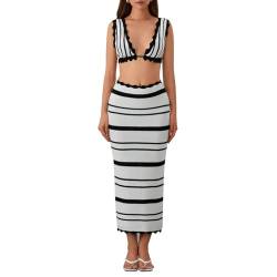 Owegvia Womens 2Pcs Knit Skirt Outfits Stripe Print V Neck Crop Tank Top With High Waist Slim Long Skirt Set Beach Knit Set (White, M) von Owegvia