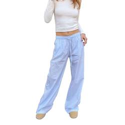 Owegvia Y2k Damen-Hose mit Streifendruck, Kordelzug, elastische Taille, lockere, gerade lange Hose mit Taschen, Streetwear, blau, L von Owegvia