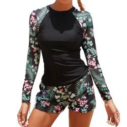 Owntop Damen 2-Teiliger Rash Guard, Langärmlige Badeanzüge mit Hoch Taillierten Boyshort Bottom, Sonnenschutz Schwimmshirt Rash Weste, UV UPF 50+ Bademode, Schwimmen Surfen, Schwarz XL von Owntop