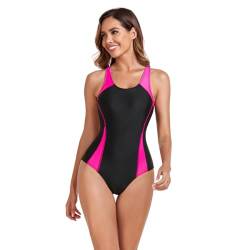 Owntop Damen Einteiliger Badeanzug, Bauchkontrolle Push Up Monokini, Bademode mit Racerback-Design und Herausnehmbaren Schaumstoff-Cups, für Sport und Freizeit, Rosa M von Owntop