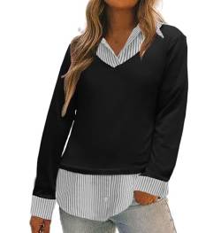 Oyamiki Langarmshirt Damen Baumwolle mit Hemdkragen Farbblock Stricken V Ausschnitt Tshirt Lässige Elegante Blusen Loose Sweatshirt Top für Herbst Winter von Oyamiki