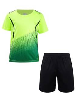 Oyolan Jungen Sportanzug Trainingsanzug Kurzarm T-Shirt mit Sportshorts Kinder Jogginganzug Fussball Basketball Outfits Gr. 122-164 B Leuchtendes Grün 164-170 von Oyolan