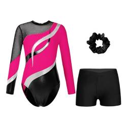 Oyolan Mädchen Kinder Gymnastikanzug Turnanzug Glitzernde Gymnastikbody Langarm Turntrikot mit Kurze Hose Tanzkostüm Hot Pink & Schwarz B 122-128 von Oyolan