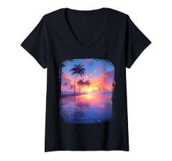 Damen Ozean Sonnenuntergang Tropische Palmen Strand und Ozean T-Shirt mit V-Ausschnitt von Ozean Sonnenuntergang Geschenk Tropischer Strand