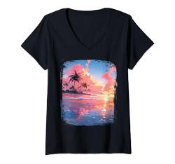 Damen Ozean Sonnenuntergang Tropische Palmen Strand und Ozean T-Shirt mit V-Ausschnitt von Ozean Sonnenuntergang Geschenk Tropischer Strand