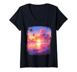 Damen Ozean Sonnenuntergang Tropische Palmen Strand und Ozean T-Shirt mit V-Ausschnitt von Ozean Sonnenuntergang Geschenk Tropischer Strand