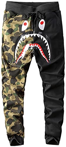 PADOLA Herren Hose 3D Druck Sporthose Shark Camouflage Kordelzug für Kapuzenpullover Causal Streetwear (Schwarz Grün, M) von PADOLA