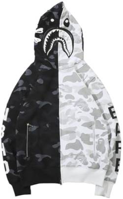 PADOLA Herren Kapuzenpullover Baumwolle Shark Hoodie Camouflage Fleecejacke Haikopf Pullover Übergangsjacke Y2K Zip Up Sweatshirt Winter Warm Christmas Weihnachten Geschenke (819 Schwarzweiß,3XL) von PADOLA