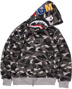 PADOLA Herren Kapuzenpullover Shark Hoodie Herren 3D Camouflage Fleecejacke Haikopf Shark Pullover Hai Jacke Winter Warm Sweatshirt mit Reißverschluss Übergangsjacke Herren (5 Schwarz, 3XL) von PADOLA