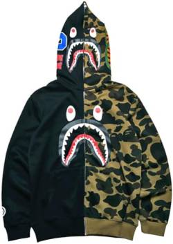 PADOLA Herren Kapuzenpullover Shark Hoodie Herren 3D Camouflage Fleecejacke Haikopf Shark Pullover Hai Jacke Winter Warm Sweatshirt mit Reißverschluss Übergangsjacke Herren (Grün Schwarz, 3XL) von PADOLA