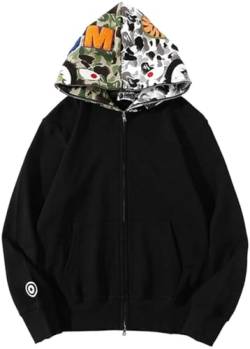 PADOLA Herren Kapuzenpullover Shark Hoodie Herren 3D Camouflage Fleecejacke Haikopf Shark Pullover Hai Jacke Winter Warm Sweatshirt mit Reißverschluss Übergangsjacke Herren (Schwarz 2, XL) von PADOLA