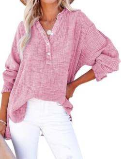 PADOLA Musselin Bluse Damen Baumwolle Blusen Tuniken für Damen Button Down Henley Shirt Plissee Einfarbige Hemdbluse Tshirt Damen Sommer Oversize Shirt Blusenshirt Tunika Tops (3 Pink, XL) von PADOLA