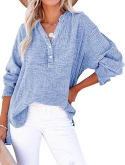 PADOLA Musselin Bluse Damen Baumwolle Blusen Tuniken für Damen Button Down Henley Shirt Plissee Einfarbige Hemdbluse Tshirt Damen Sommer Oversize Shirt Blusenshirt Tunika Tops (0 Hellblau, XL) von PADOLA