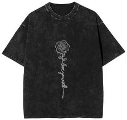 PADOLA Oversized Tshirt Damen Rose Druck T Shirt Baumwolle T-Shirts Ausgewaschenes Vintage T-Shirt Skull Bedrucktes Used-Look Retro Shirt Sommer Basic Shirt Übergroß Bluse Tunika (1 Buchstaben, M) von PADOLA