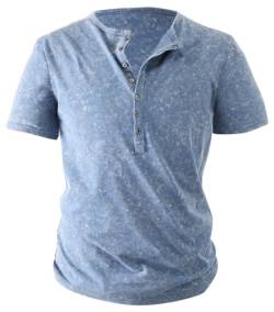 PADOLA Tshirt Herren Sommer Oversized T-Shirts für Herren Henley Shirt Kurzarm Baumwolle T Shirt mit Knopfleiste Ausgewaschenes Vintage T-Shirt Retro Used-Look Tshirts Poloshirt Hemd (Blau, 2XL) von PADOLA