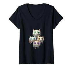 Damen Niedliche vier Katzen, Baby-Kätzchen, Kawaii Neko Sommer Casual Kitty T-Shirt mit V-Ausschnitt von PALI SPA