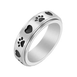 PAMTIER Frauen Pfote Drucken Herz Drehbare Ringe 6mm Edelstahl Niedlich Hund Katze Pfote Drucken Emailliert Spinner Engagement Hochzeit Band Silber Größe 62 (19.7) von PAMTIER