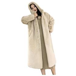 Damen Lange Plüsch Wintermantel Übergröße Einfarbiger Teddy Mantel Winter Warme Softshellmantel Elegant Übergangsmantel Frauen Fleecemantel mit Kapuze Oberbekleidung. (06-Beige, S) von PANGF