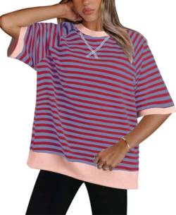 PANOZON Damen Gestreiftes T Shirt Sommer Tops Lässiges Basic T-Shirt Rundhalsausschnitt Oberteile Casual Kurzarm Bluse Tops(XL,Rot) von PANOZON