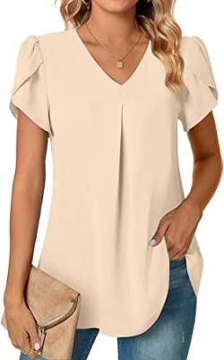 PANOZON Damen Oberteile Kurzarm Elegant T Shirt V-Ausschnitt Top Einfarbig Tee Shirts Bluse(XL,beige) von PANOZON