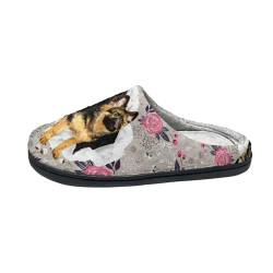 PAQGSREM Gemütliche Hausschuhe Weiche Comfortabale Hausschuhe mit rutschfester Sohle für Damen Herren Hausschuhe Indoor Schlafzimmer Schuhe, Deutscher Schäferhund, Retro-Blumenmuster, 5.5 UK Men/ 7 UK von PAQGSREM