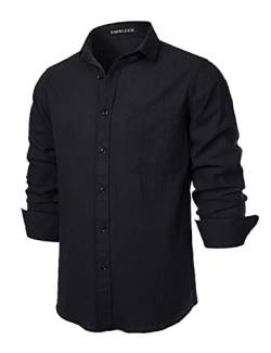 PARKLEES Herren Regular Fit Baumwolle wie Leinen Hemd Casual Langarm Button Down Shirts mit Tasche, Schwarz , S von PARKLEES