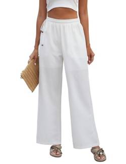 PASUDA Leinenhose Damen Sommer Hose Weites Bein Baumwolle Leinen Hose High Waist Geradem Lose Casual Sommerhose Freizeithose mit Kordelzug Taschen Elastischer Bund Stoffhose Lang Bequeme (Weiß, M) von PASUDA