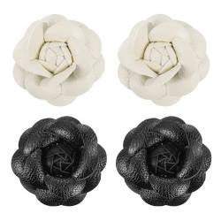 PATIKIL Blumen Haarspangen, 4er Pack Camellia Haarnadeln Blumenbroschen Pin Handgefertigte Lederblumenbrosche für Damen Braut Frauen Hut Kleid Hemd, Schwarz, Beige von PATIKIL