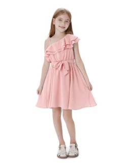 PATPAT Mädchen Eine-Schulter Kleid - Festliches Blumenmädchenkleid für Hochzeit, Fotoshooting und Urlaub - A-Linien Prinzessin Sommerkleid mit verstellbarem Gürtel und Schöne Asymmetrischen Ärmel von PATPAT