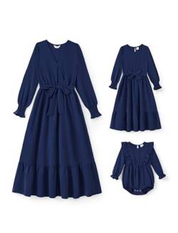 PATPAT Mutter Tochter Kleid Set Langarm Stitching Einfarbig Familienoutfits, Kleider für Mädchen Partnerlook, Mama Tochter Strandkleid, Mutter Baby Partnerlook, Blau, Mädchen: 3-4 Jahre von PATPAT