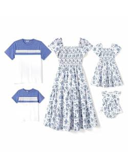 PATPAT Sommer Familienoutfits Herren-T-Shirts, Damen/Mädchen/Baby Mädchen Sommerkleider mit Boho-Blumendruck und Smocked-Design von PATPAT