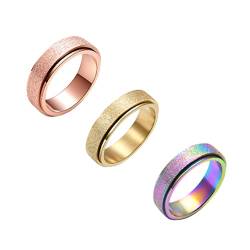 PAURO Damen & Herren 6 mm Edelstahl Roségold/Gold/Regenbogen Sandstrahl Finish Lucky Worry Ring Band 3 Stück Größe 65 (20.7) von PAURO