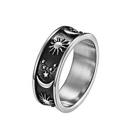 PAURO Herren Ring 8MM Stainless Steel Jahrgang Sonne Mond Star Universum Engagement Hochzeit Band, Silber Schwarz Größe 68 von PAURO