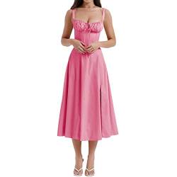 Damen Spaghettiträger Bustier Langes Kleid Viereckiger Ausschnitt Niedrig geschnitten Ärmellos A Line Schlitz Boho Floral Midikleid Spitzenbesatz Korsett Midi Sonnenkleid (Pink, L) von PDYLZWZY