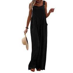 PDYLZWZY Damen Latzhose Lässig Locker Lang Weites Bein Latzhose Baggy Baumwolle Leinen Rompers Hosenträger Lätzchen Overalls Jumpsuits mit Taschen (Black, Medium) von PDYLZWZY