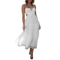 PDYLZWZY Damen Y2k Boho Spaghettiträger Langes Kleid Boho Niedrig geschnittenes Kleid Rückenfreies Bodycon Midikleid Seitliche Ausschnitte Fließendes Maxikleid (White, L) von PDYLZWZY