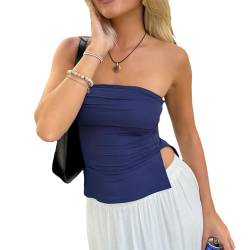 Trägerloses, seitlich geschlitztes Bandeau-Top für Damen, ärmellos, rückenfrei, schlanke Passform, Röhrenoberteil, asymmetrischer Schlitzsaum, Y2K-Sexy-Tank-Bustier zum Ausgehen (Navy Blue , L ) von PDYLZWZY