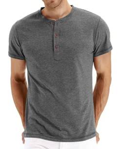 PEGENO Classic Herren Henley T-Shirt Passform Trendigem Lässigem Kurzarm Henley Kragen T-Shirt,C03 Dunkelgrau klein von PEGENO