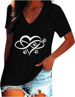 PEOD Damen Herz Drucken Oversized Oberteile Tunika Top Sommer Kurzarm V-Ausschnitt Blumen Muster Elegant T-Shirt Bluse Hemd Plus Size Schwarz gr 42 von PEOD