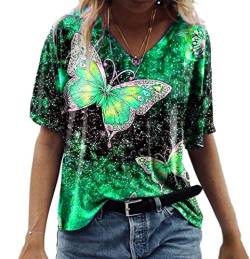 PEOD Damen Oberteile Oversized Schmetterling Blumen Muster Vintage Bluse Tunika Top Streetwear Sommer Kurzarm V-Ausschnitt Große Größe Lose T-shirt Hemd Grün gr 42 von PEOD