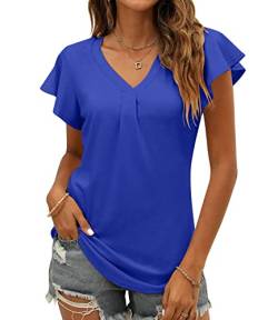 PEXIBROY Damen Sommer Tunika/V-Neck Bluse - Rüschenärmel, Rosa, Fließender Schnitt, Business Casua von PEXIBROY