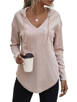 PEXIBROY Pullover Damen Hoodie Long Sleeve V Neck Bluse Sweatshirt Plain Drawstring Top with Pocket von PEXIBROY