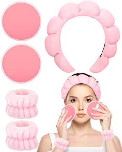 PGRODE 5 Stück Schwamm-Spa-Stirnband für Frauen, Make-up-Stirnband und Armband-Set zum Waschen des Gesichts, weiche Hautpflege-Stirnbänder und 2 wiederverwendbare Make-up-Entferner-Tücher (rosa) von PGRODE